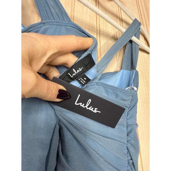 NWT Lulus Amazing Presence Slate Blue Mesh Ruched Column Maxi Dress Banquet S - Picture 9 of 10